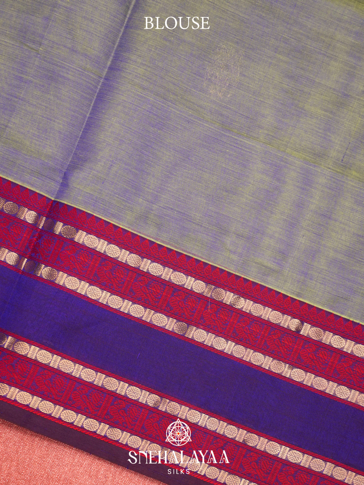Sage Green Kanchi Silk Cotton Saree with Violet and Crimson Peacock Border