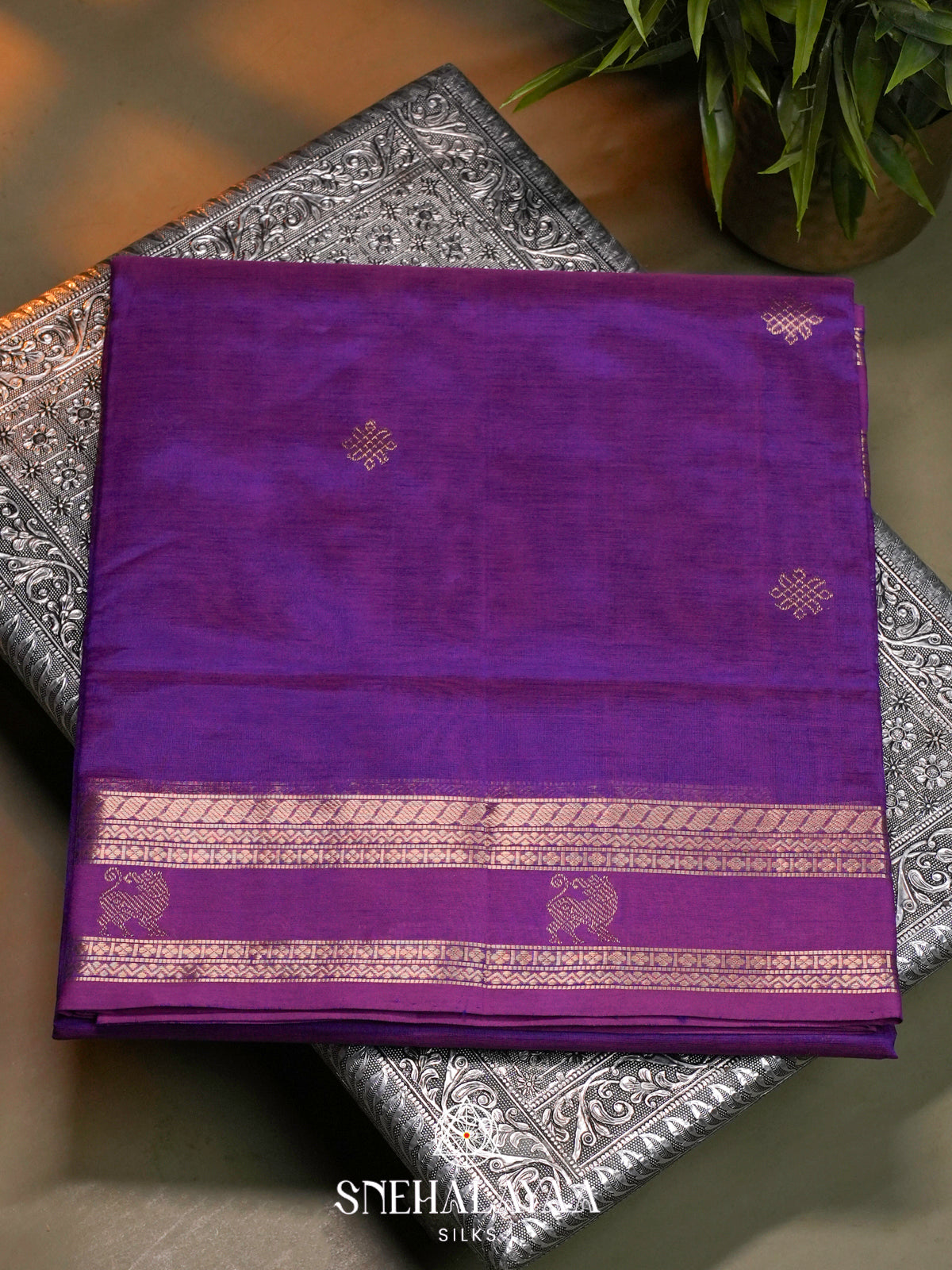 Royal Purple Kanchi Silk Cotton Saree with Antique Gold Lion Motif Border