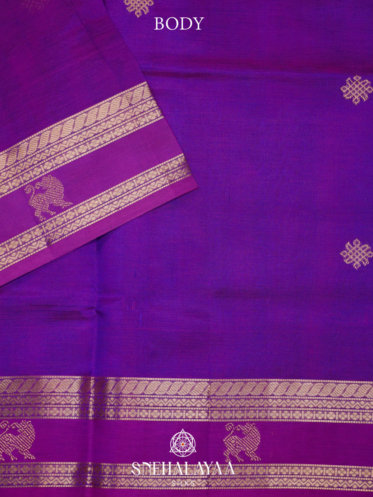Royal Purple Kanchi Silk Cotton Saree with Antique Gold Lion Motif Border