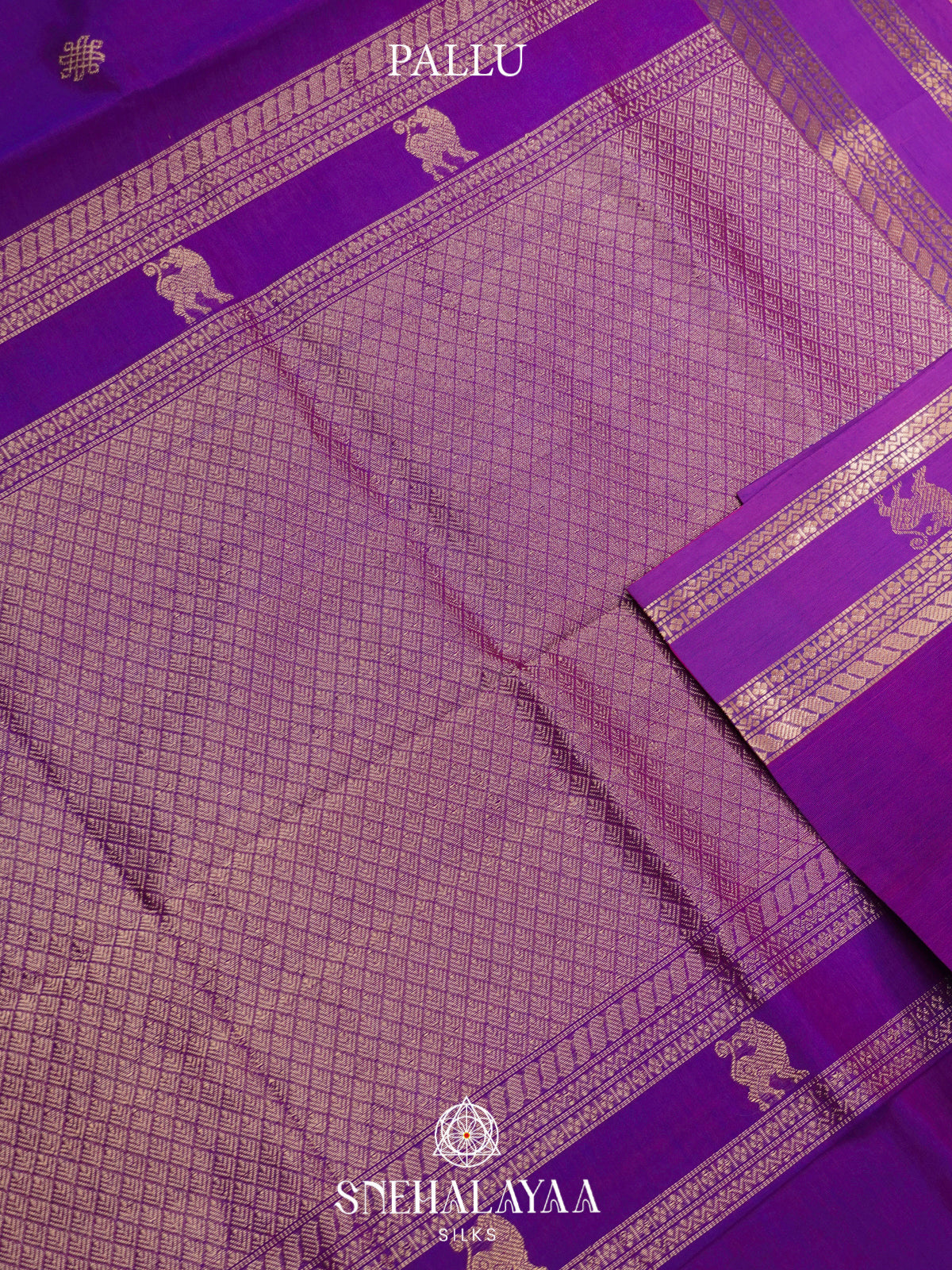 Royal Purple Kanchi Silk Cotton Saree with Antique Gold Lion Motif Border
