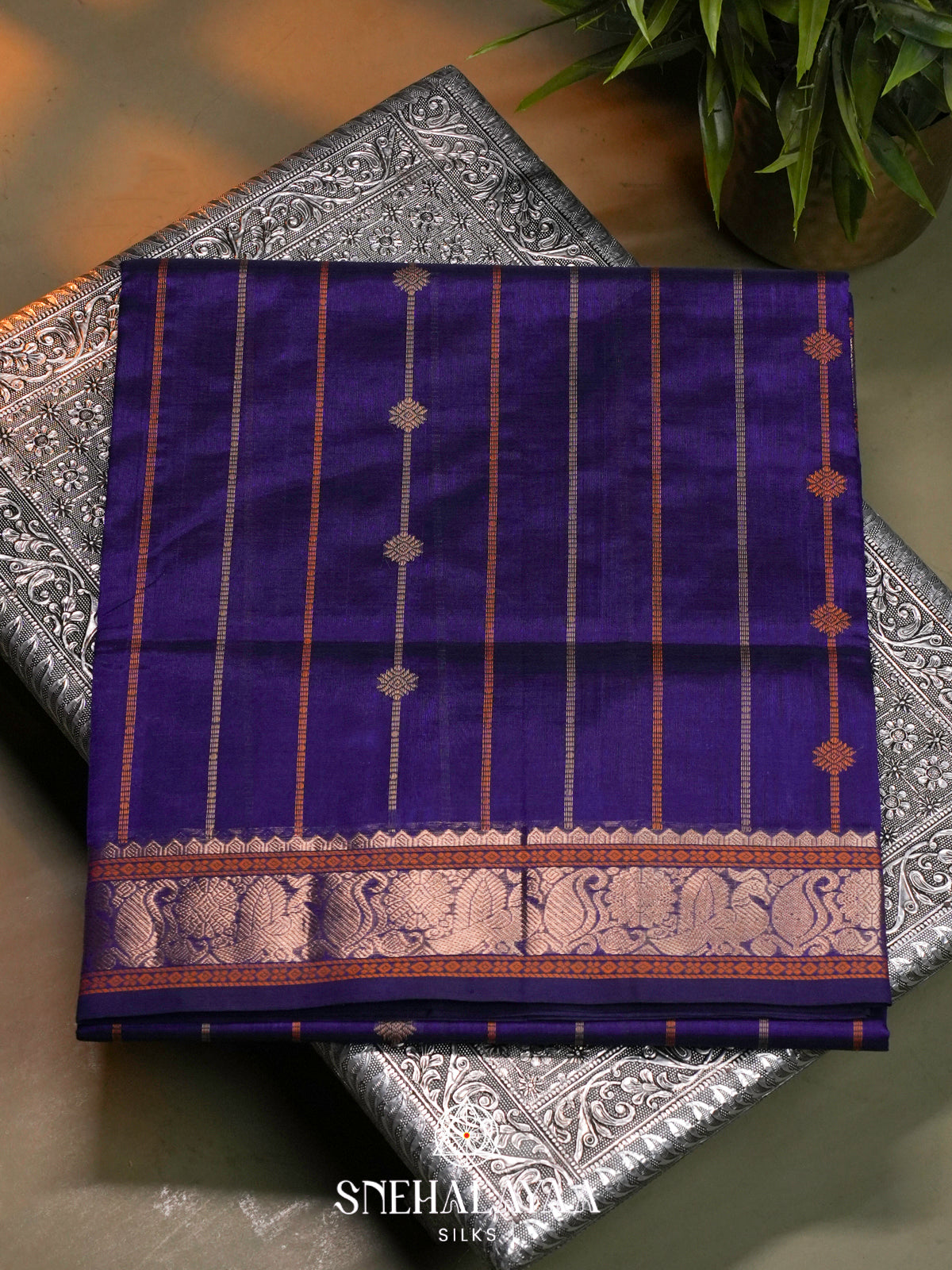 Navy Blue Kanchi Silk Cotton Saree with Copper Zari Peacock Border and Orange Striped Body