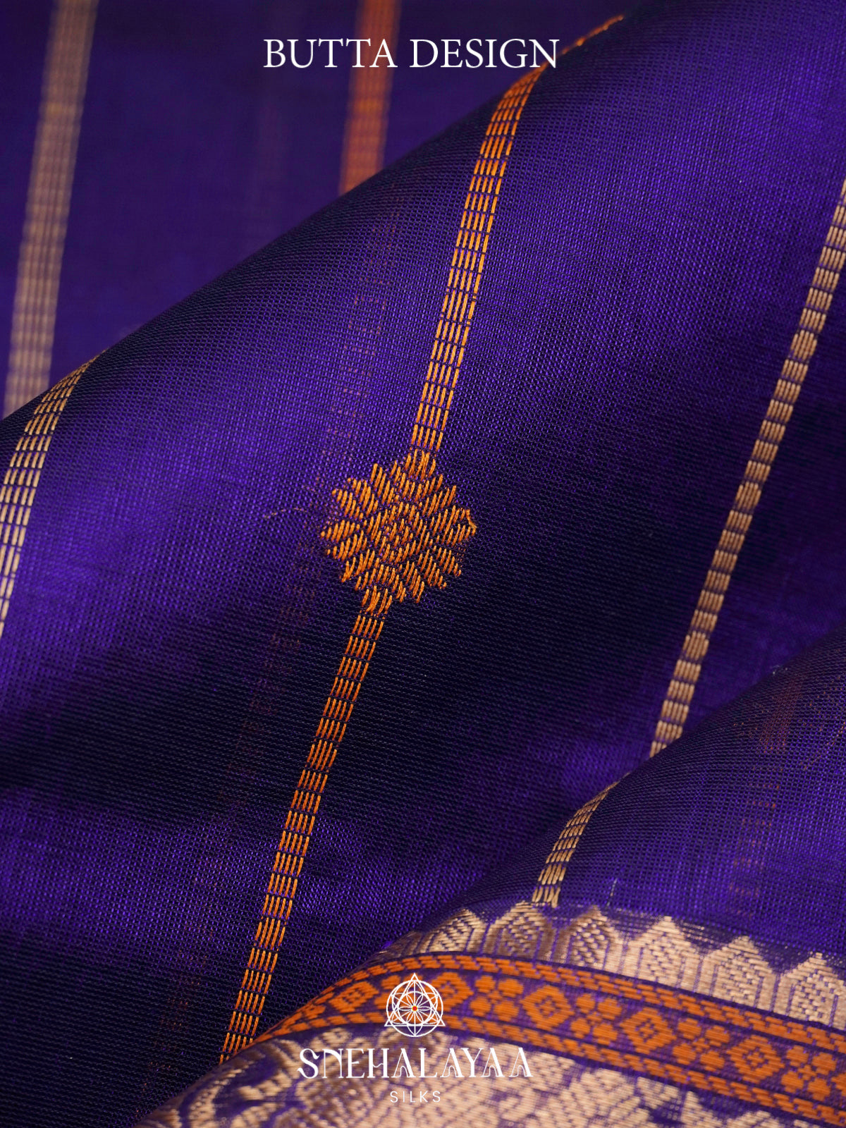 Navy Blue Kanchi Silk Cotton Saree with Copper Zari Peacock Border and Orange Striped Body