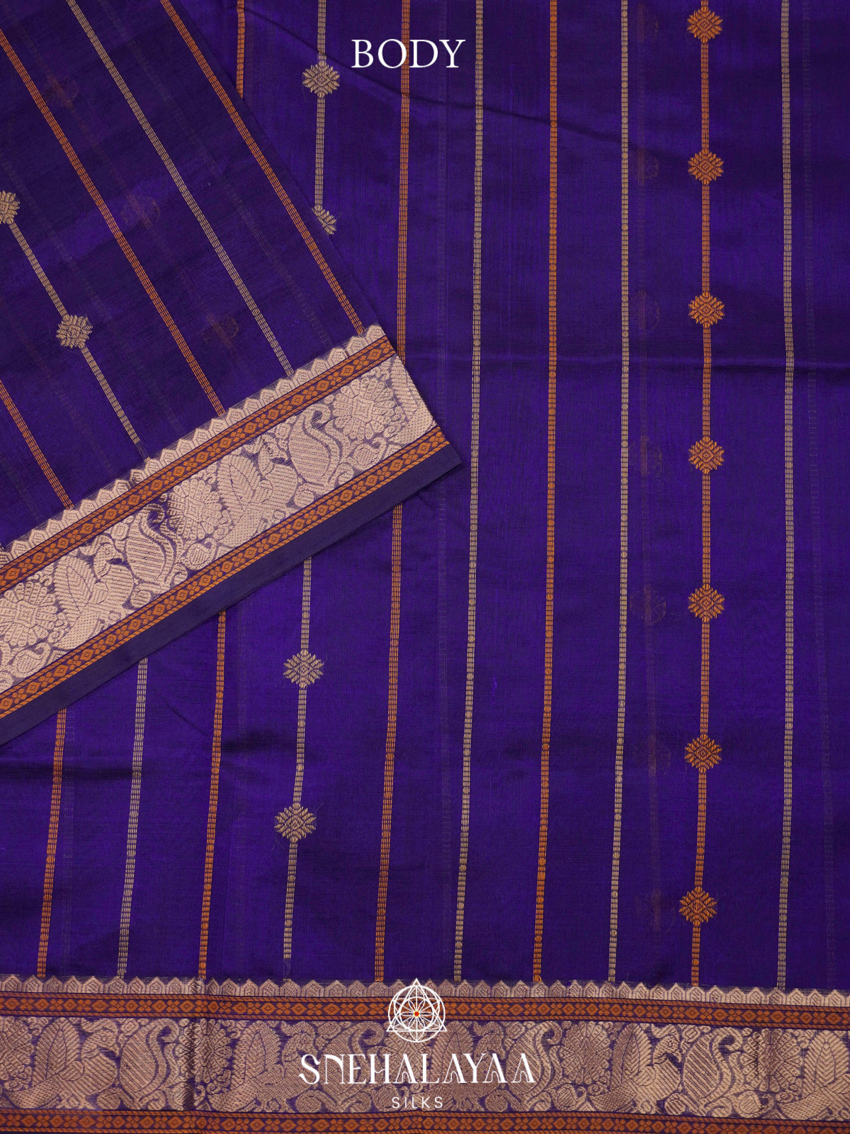 Navy Blue Kanchi Silk Cotton Saree with Copper Zari Peacock Border and Orange Striped Body