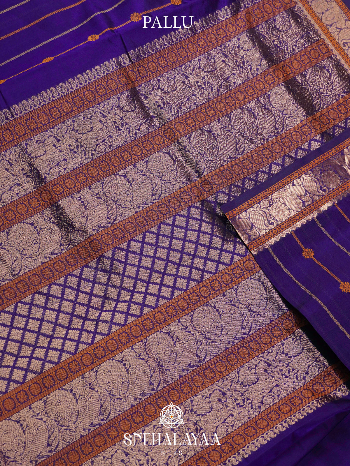 Navy Blue Kanchi Silk Cotton Saree with Copper Zari Peacock Border and Orange Striped Body