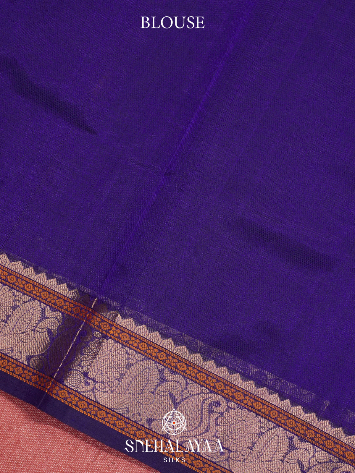 Navy Blue Kanchi Silk Cotton Saree with Copper Zari Peacock Border and Orange Striped Body