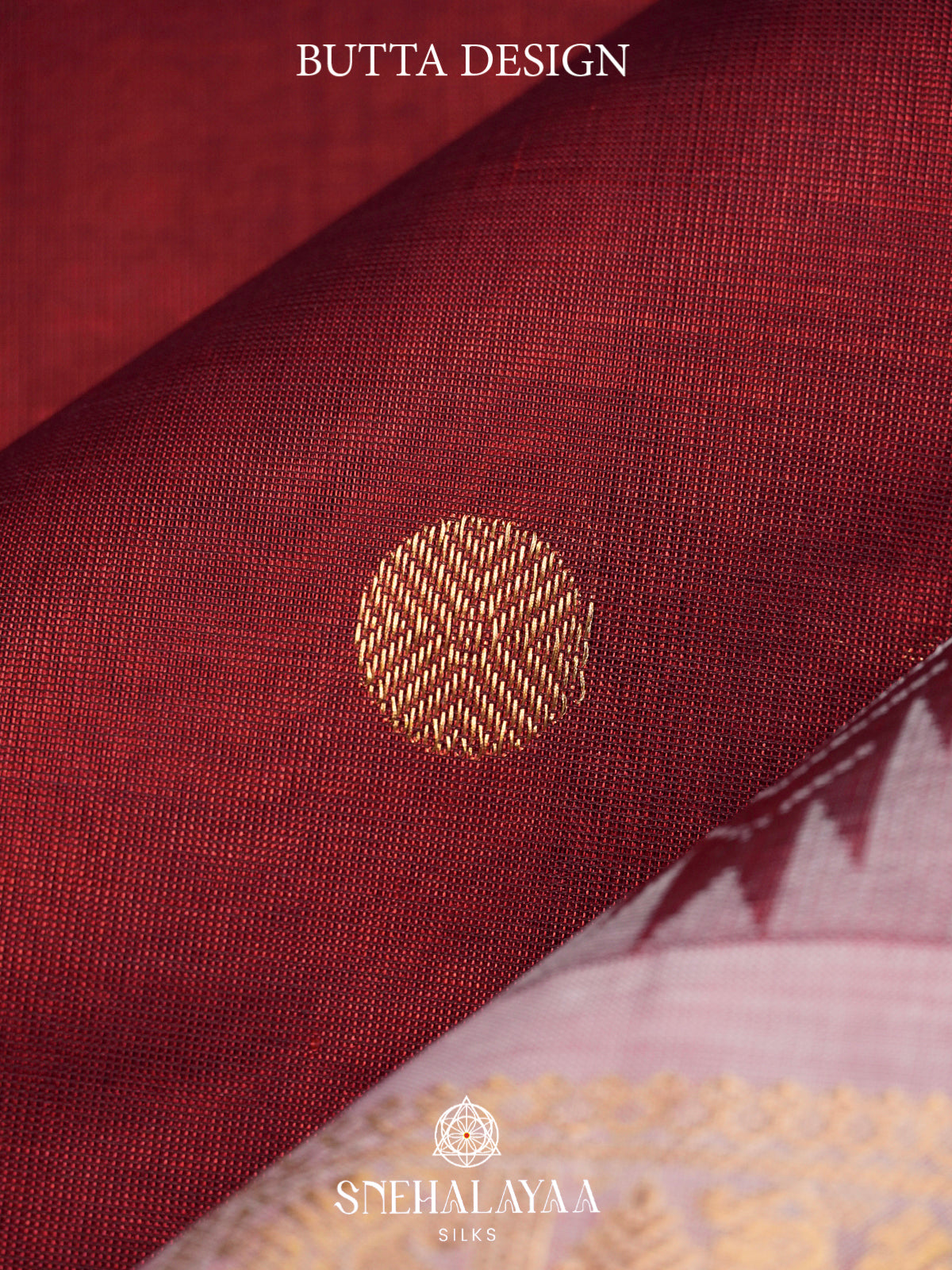 Maroon Kanchi Silk Cotton Saree with Silver-White Temple Border and Gold Buttas