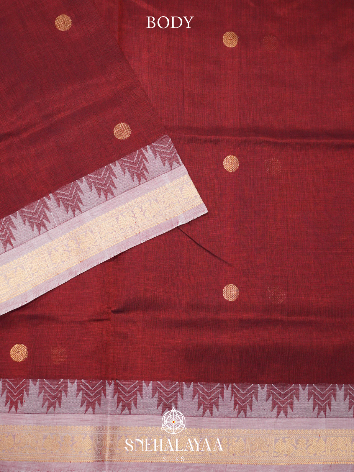 Maroon Kanchi Silk Cotton Saree with Silver-White Temple Border and Gold Buttas