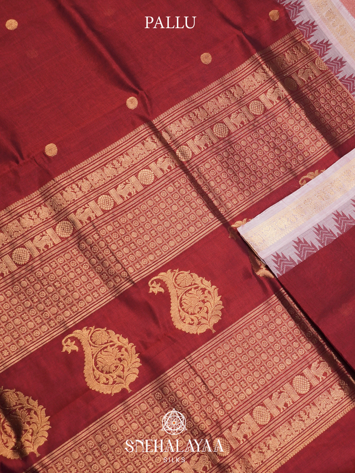 Maroon Kanchi Silk Cotton Saree with Silver-White Temple Border and Gold Buttas