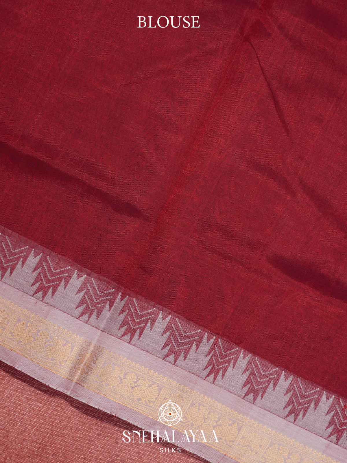 Maroon Kanchi Silk Cotton Saree with Silver-White Temple Border and Gold Buttas
