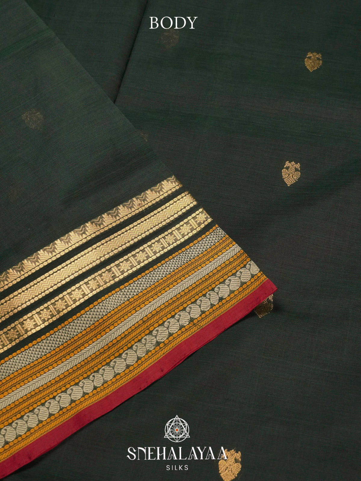 Bottle Green Kanchi Silk Cotton Saree with Multicolored Contrast Border and Gold Leaf Buttas