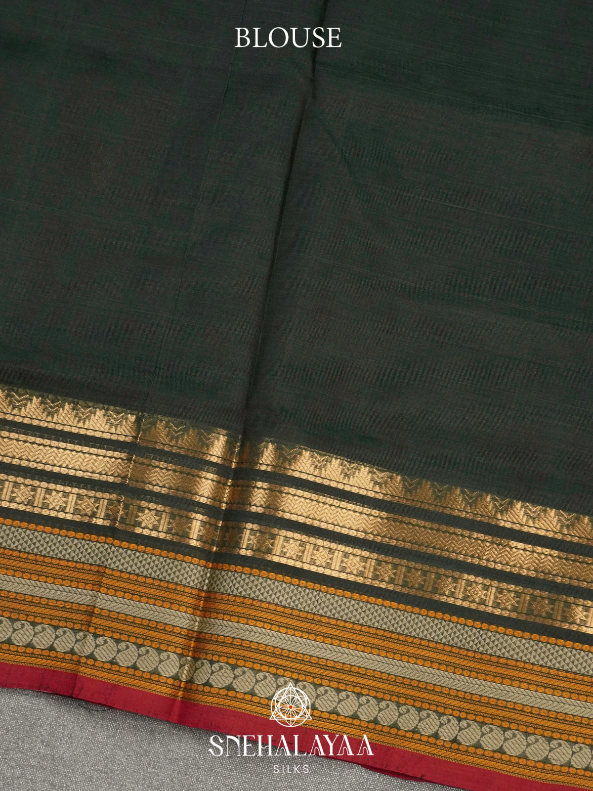 Bottle Green Kanchi Silk Cotton Saree with Multicolored Contrast Border and Gold Leaf Buttas