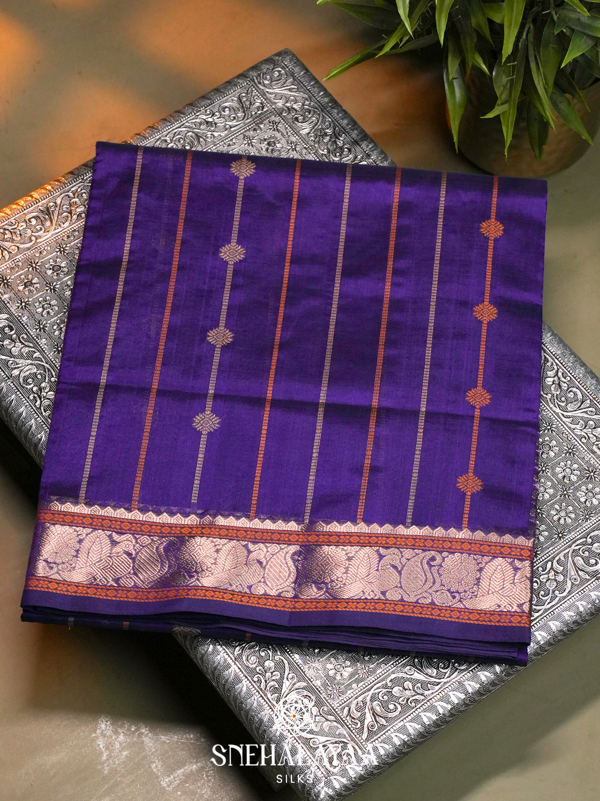 Purple Kanchi Silk Cotton Saree with Copper Zari Peacock Border and Orange Striped Body