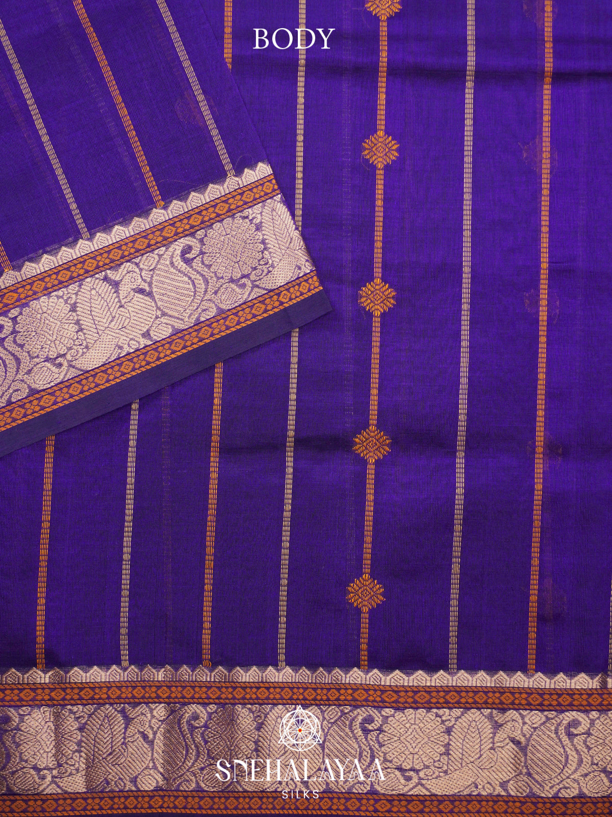 Purple Kanchi Silk Cotton Saree with Copper Zari Peacock Border and Orange Striped Body
