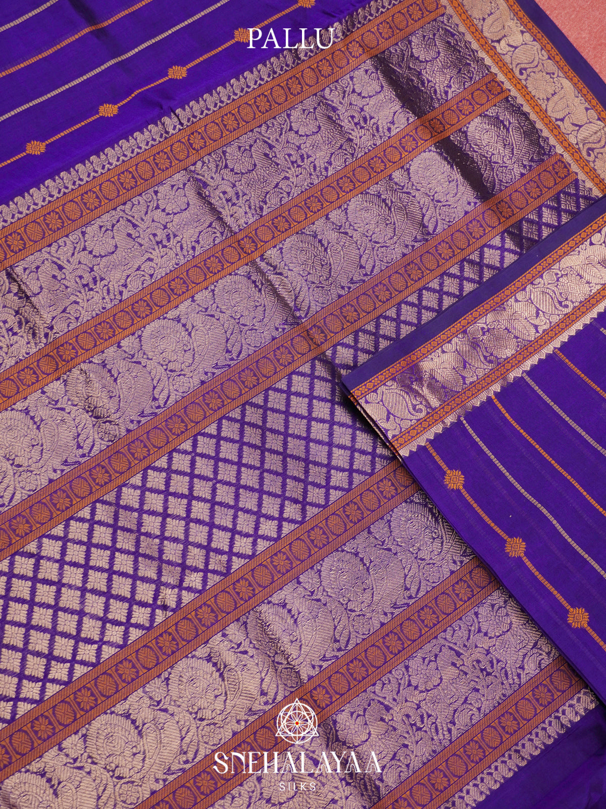 Purple Kanchi Silk Cotton Saree with Copper Zari Peacock Border and Orange Striped Body