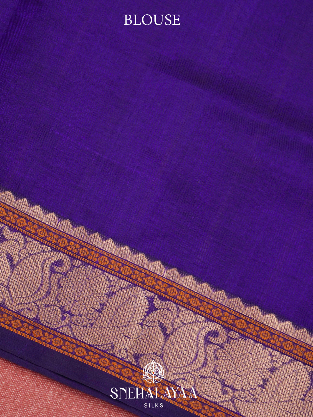 Purple Kanchi Silk Cotton Saree with Copper Zari Peacock Border and Orange Striped Body