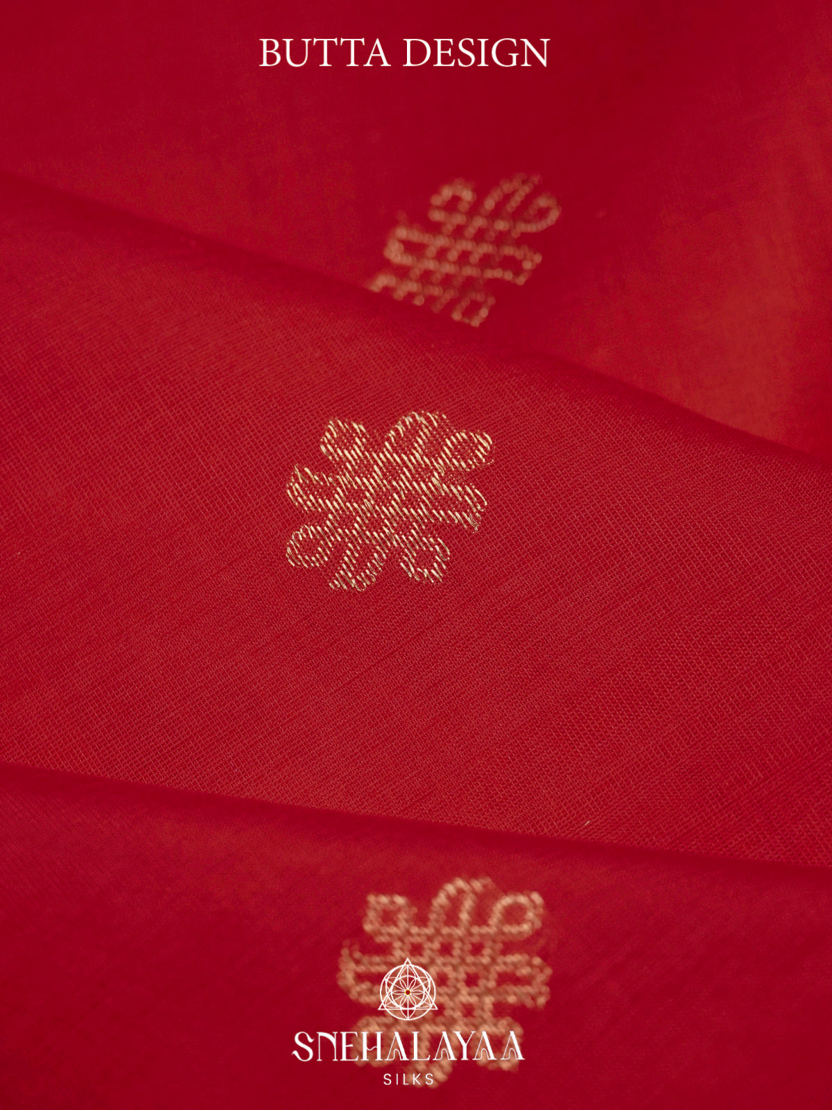 Chili Red Kanchi Silk Cotton Saree with Lion Motif Border and Infinite Knot Gold Buttas