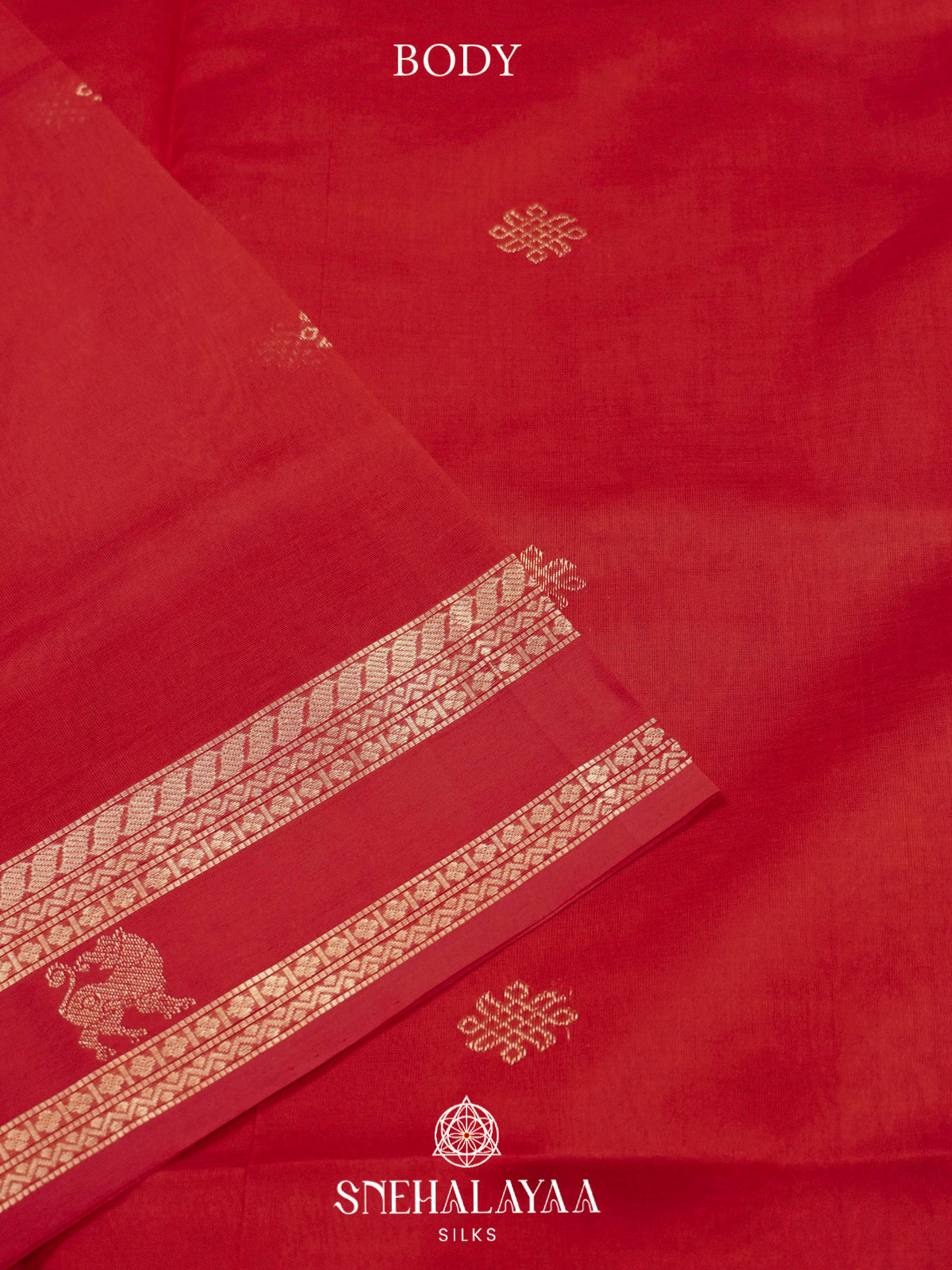 Chili Red Kanchi Silk Cotton Saree with Lion Motif Border and Infinite Knot Gold Buttas