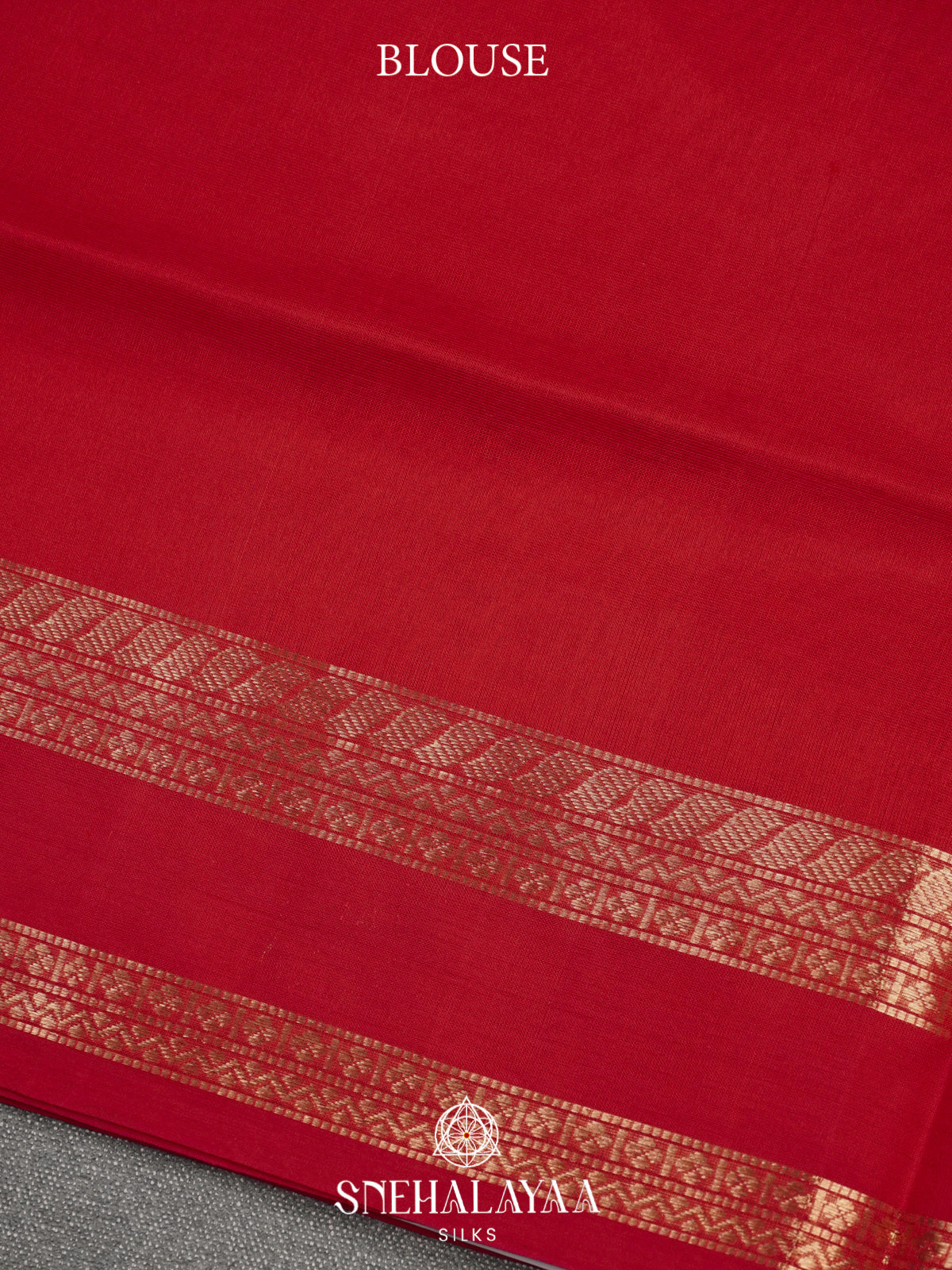 Chili Red Kanchi Silk Cotton Saree with Lion Motif Border and Infinite Knot Gold Buttas