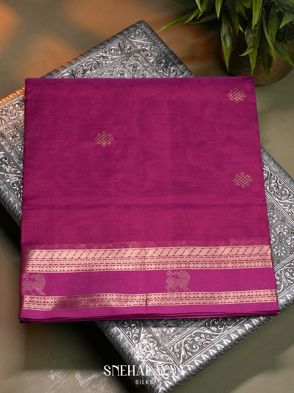 Magenta Pink Kanchi Silk Cotton Saree with Lion Motif Border and Infinite Knot Gold Buttas