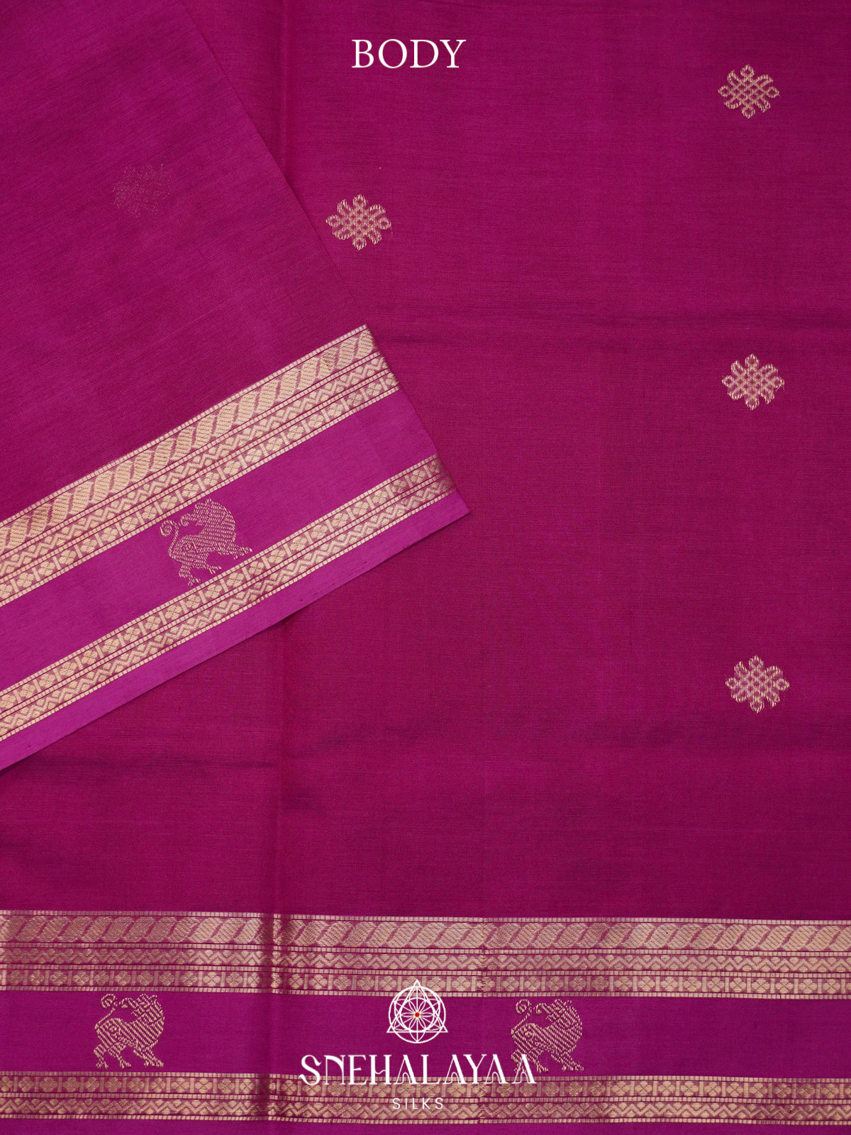 Magenta Pink Kanchi Silk Cotton Saree with Lion Motif Border and Infinite Knot Gold Buttas
