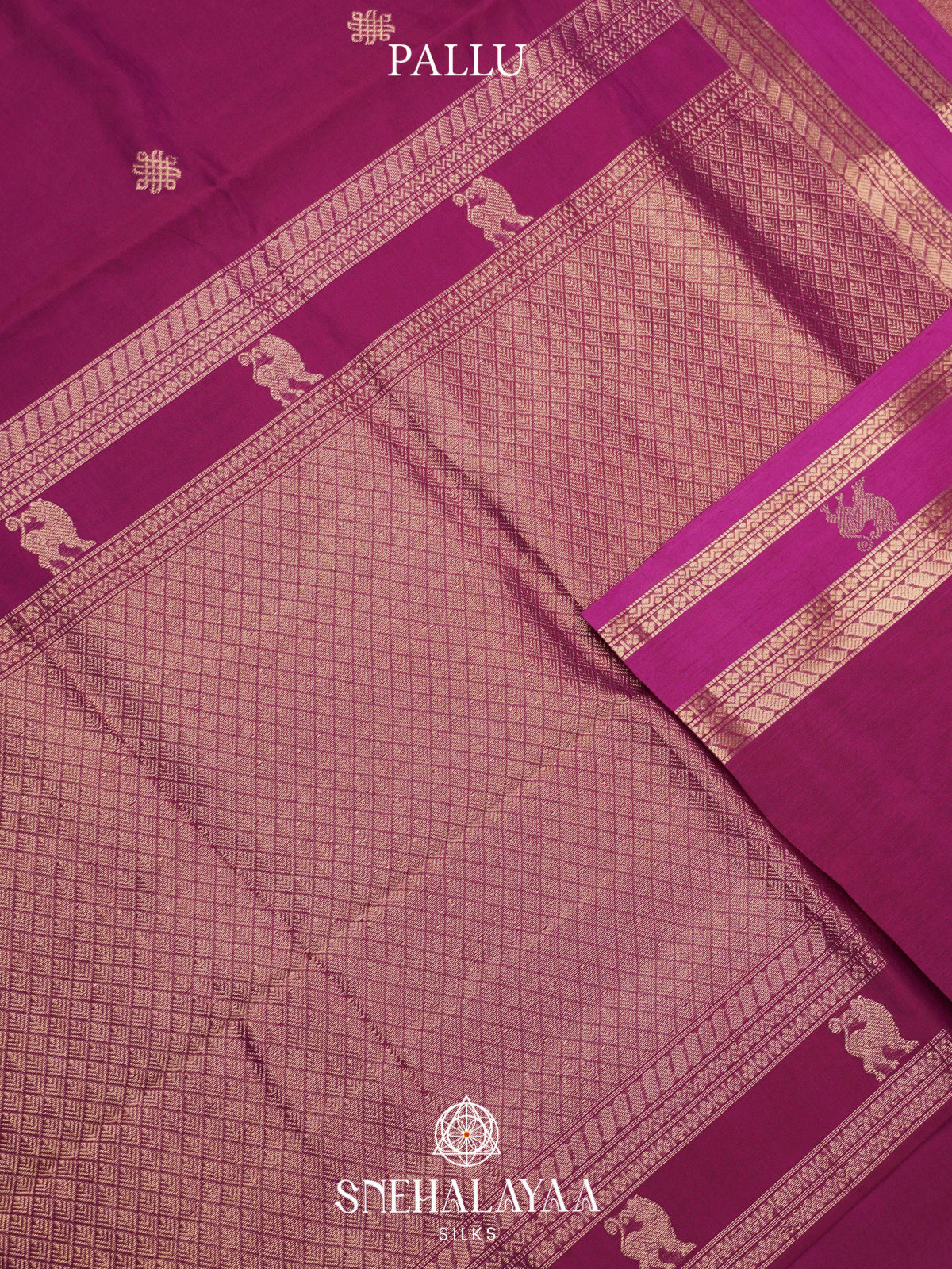 Magenta Pink Kanchi Silk Cotton Saree with Lion Motif Border and Infinite Knot Gold Buttas