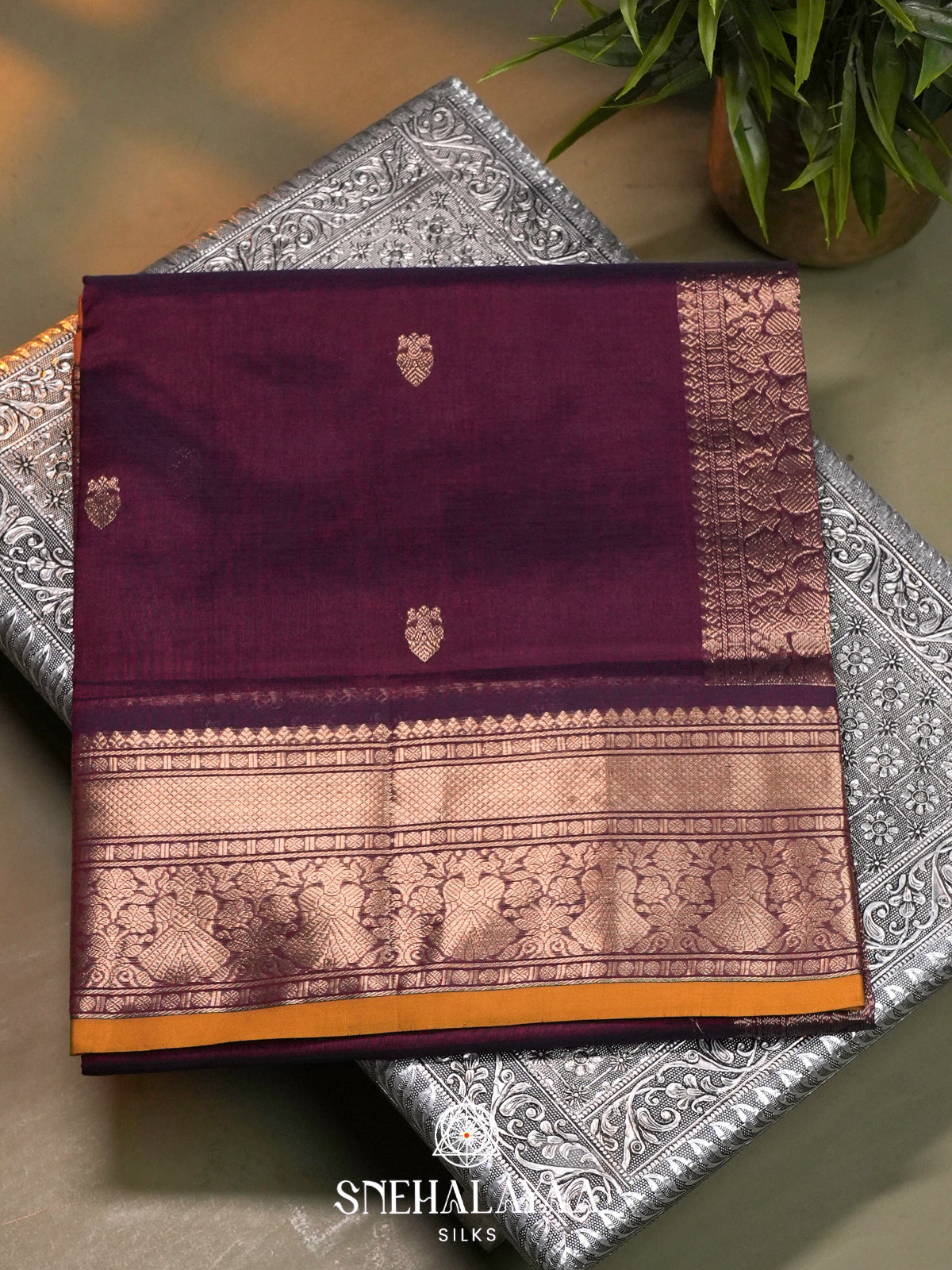 Wine Kanchi Silk Cotton Saree with Copper Zari Peacock Border and Mustard Contrast Edge