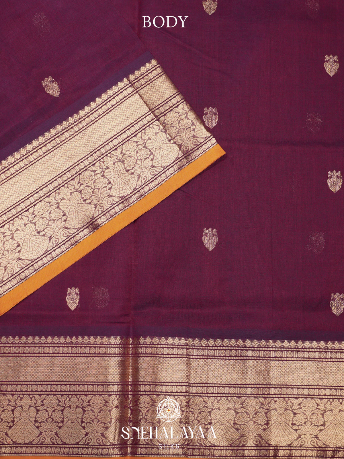 Wine Kanchi Silk Cotton Saree with Copper Zari Peacock Border and Mustard Contrast Edge