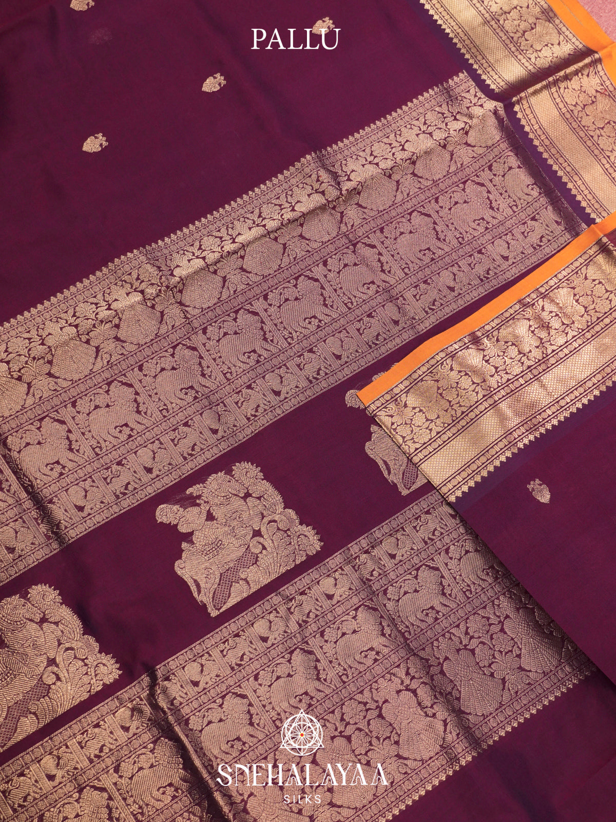 Wine Kanchi Silk Cotton Saree with Copper Zari Peacock Border and Mustard Contrast Edge