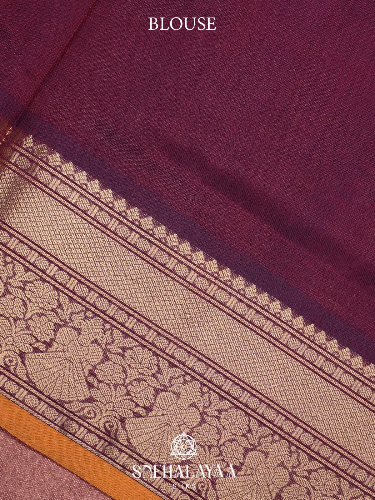 Wine Kanchi Silk Cotton Saree with Copper Zari Peacock Border and Mustard Contrast Edge