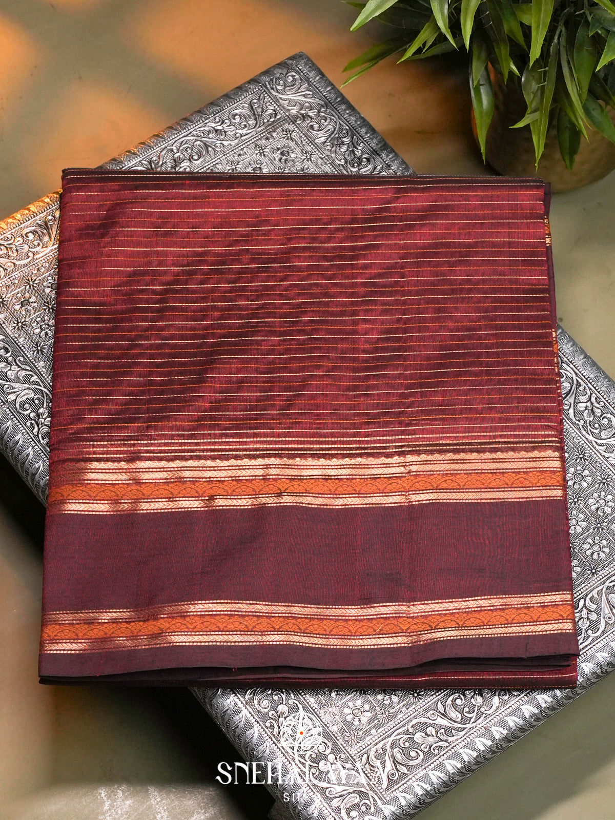 Maroon Kanchi Silk Cotton Saree with Zari Striped Body and Contrast Border