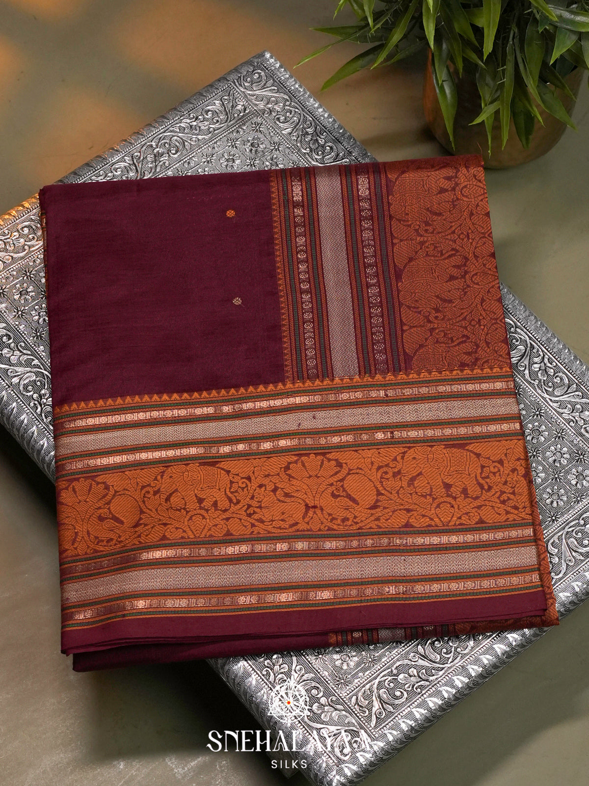 Maroon Kanchi Silk Cotton Saree with Mustard Gold Elephant-Peacock Border and Paisley Pallu