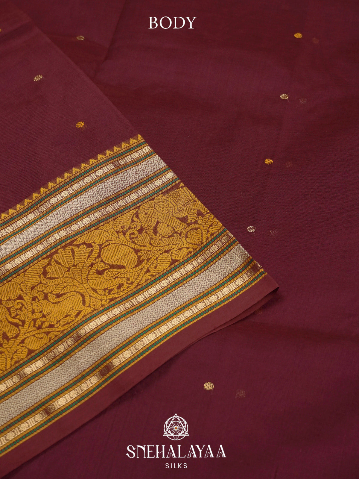 Maroon Kanchi Silk Cotton Saree with Mustard Gold Elephant-Peacock Border and Paisley Pallu