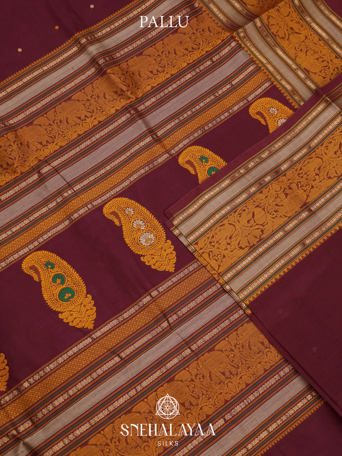 Maroon Kanchi Silk Cotton Saree with Mustard Gold Elephant-Peacock Border and Paisley Pallu
