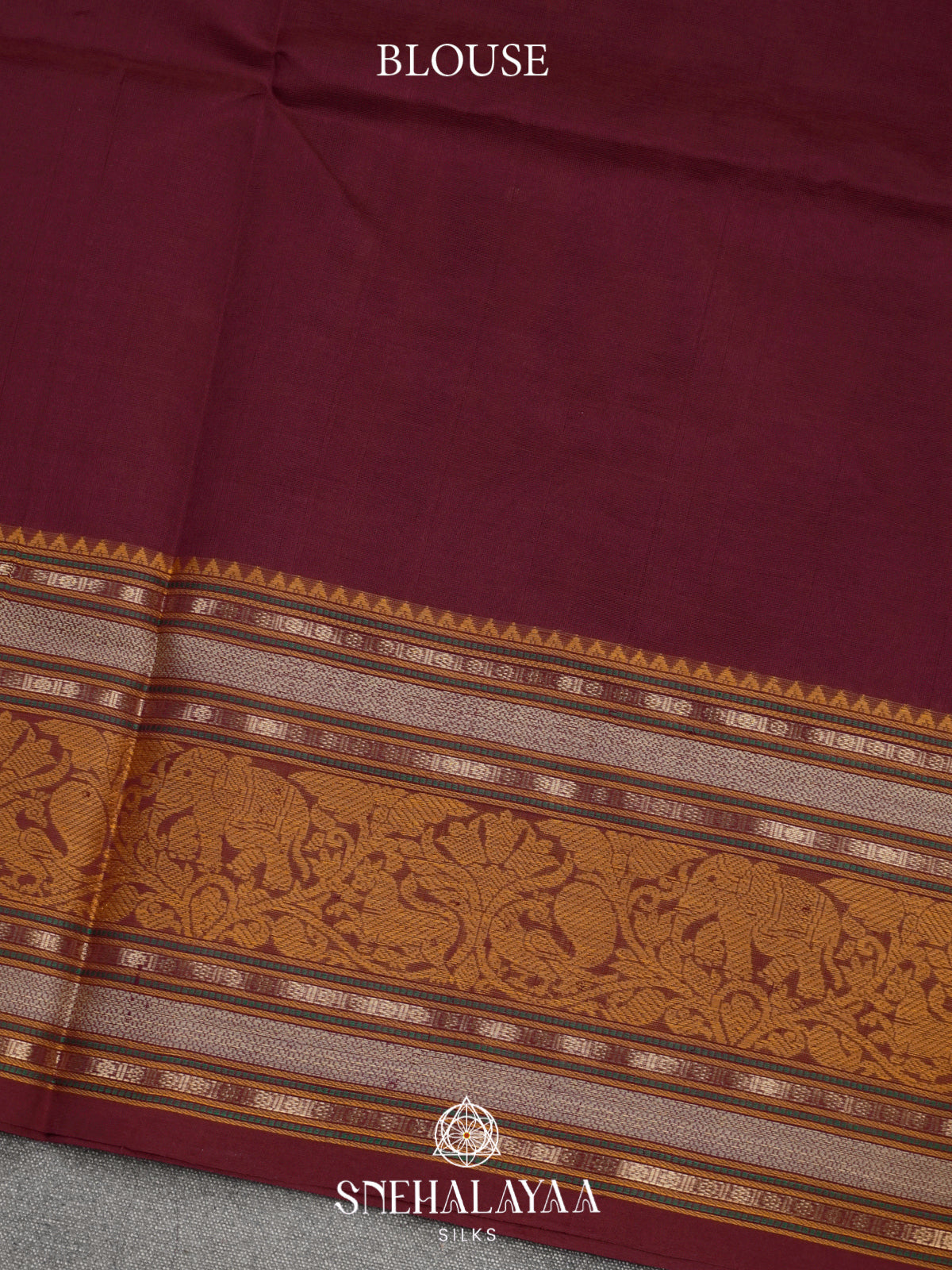 Maroon Kanchi Silk Cotton Saree with Mustard Gold Elephant-Peacock Border and Paisley Pallu