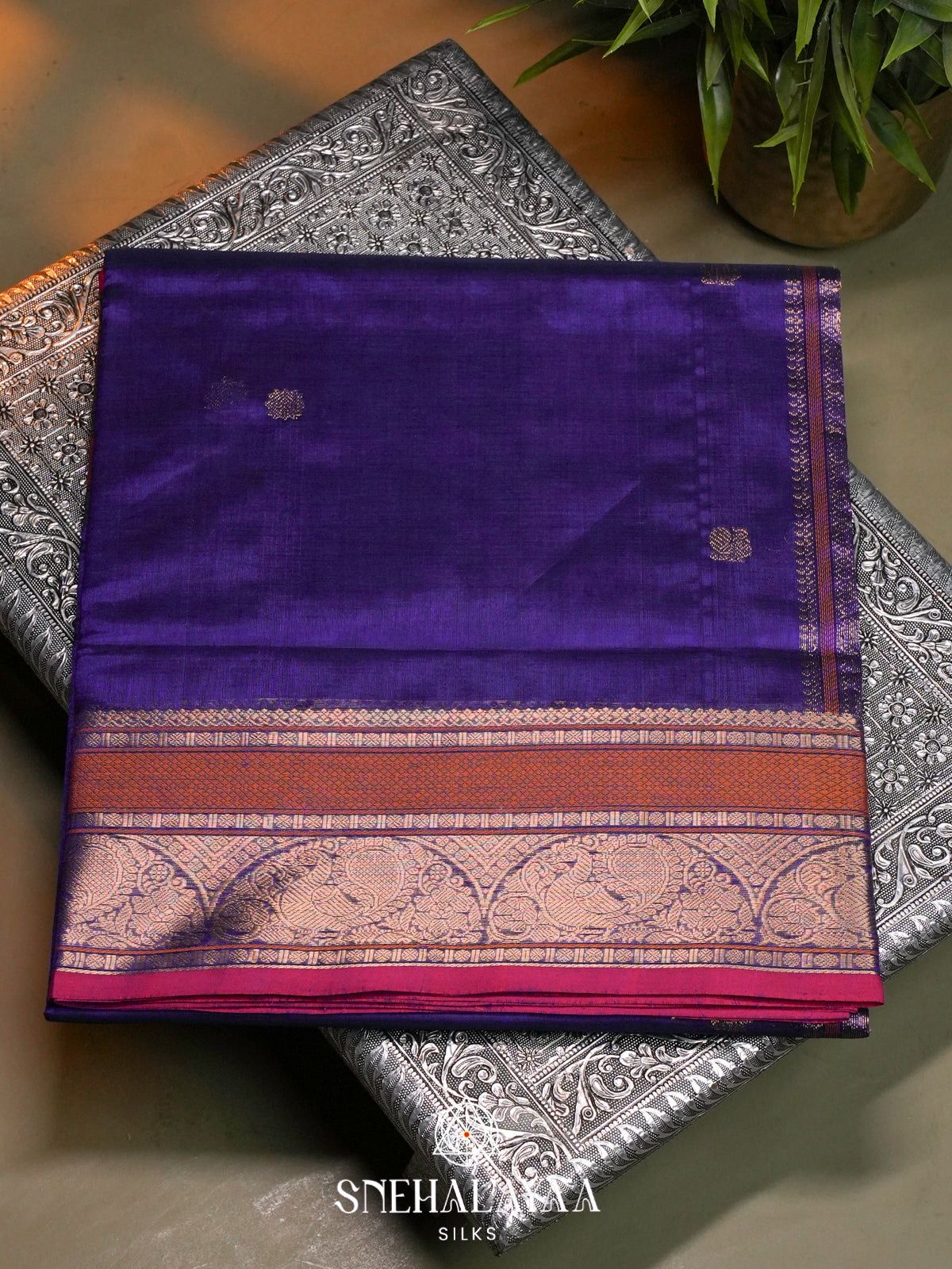 Purple Kanchi Silk Cotton Saree with Copper Zari Peacock Border and Magenta Contrast Edge