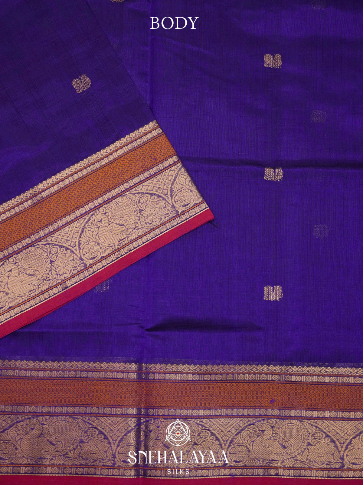 Purple Kanchi Silk Cotton Saree with Copper Zari Peacock Border and Magenta Contrast Edge