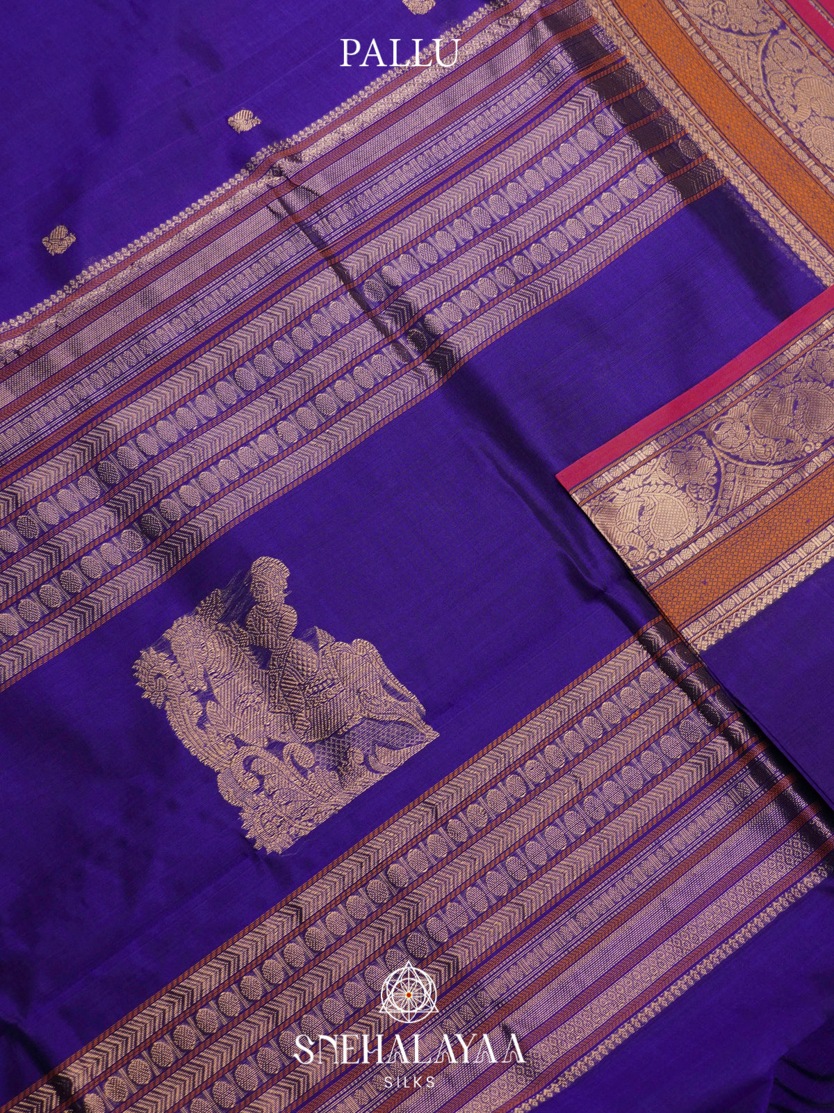 Purple Kanchi Silk Cotton Saree with Copper Zari Peacock Border and Magenta Contrast Edge