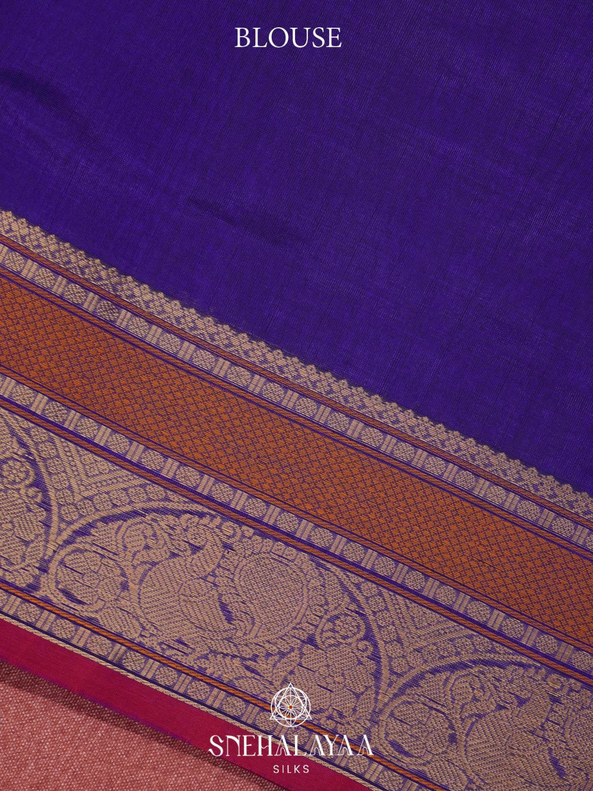Purple Kanchi Silk Cotton Saree with Copper Zari Peacock Border and Magenta Contrast Edge