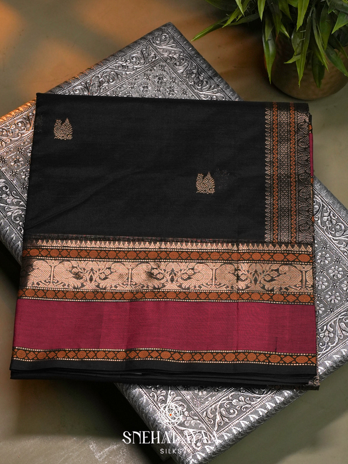 Jet Black Kanchi Silk Cotton Saree with Golden-Bronze Elephant-Peacock Border and Wine Red Contrast Band