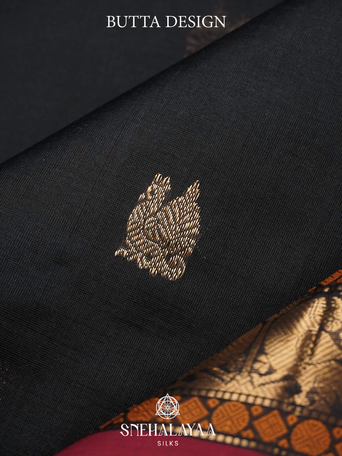 Jet Black Kanchi Silk Cotton Saree with Golden-Bronze Elephant-Peacock Border and Wine Red Contrast Band