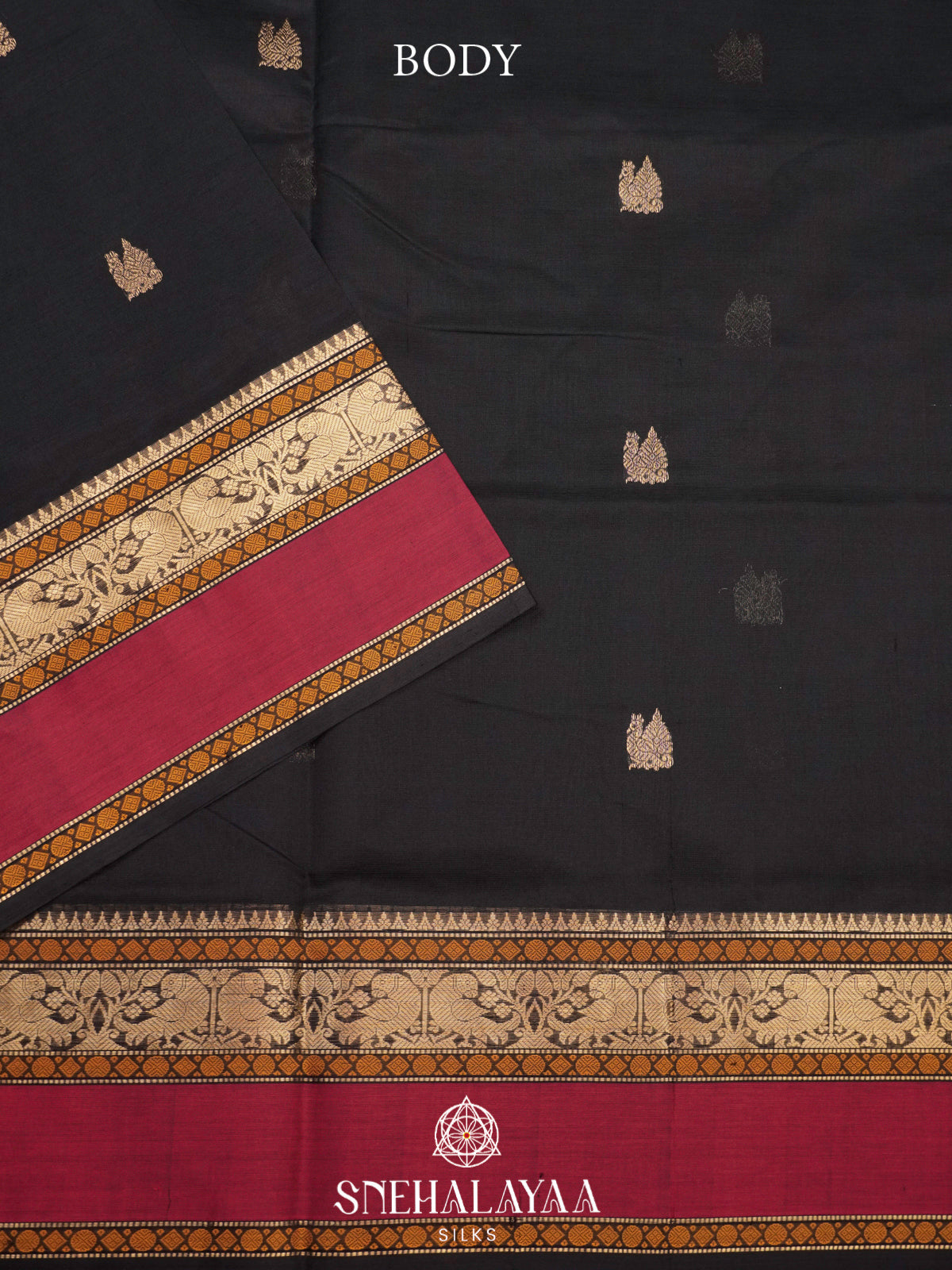 Jet Black Kanchi Silk Cotton Saree with Golden-Bronze Elephant-Peacock Border and Wine Red Contrast Band