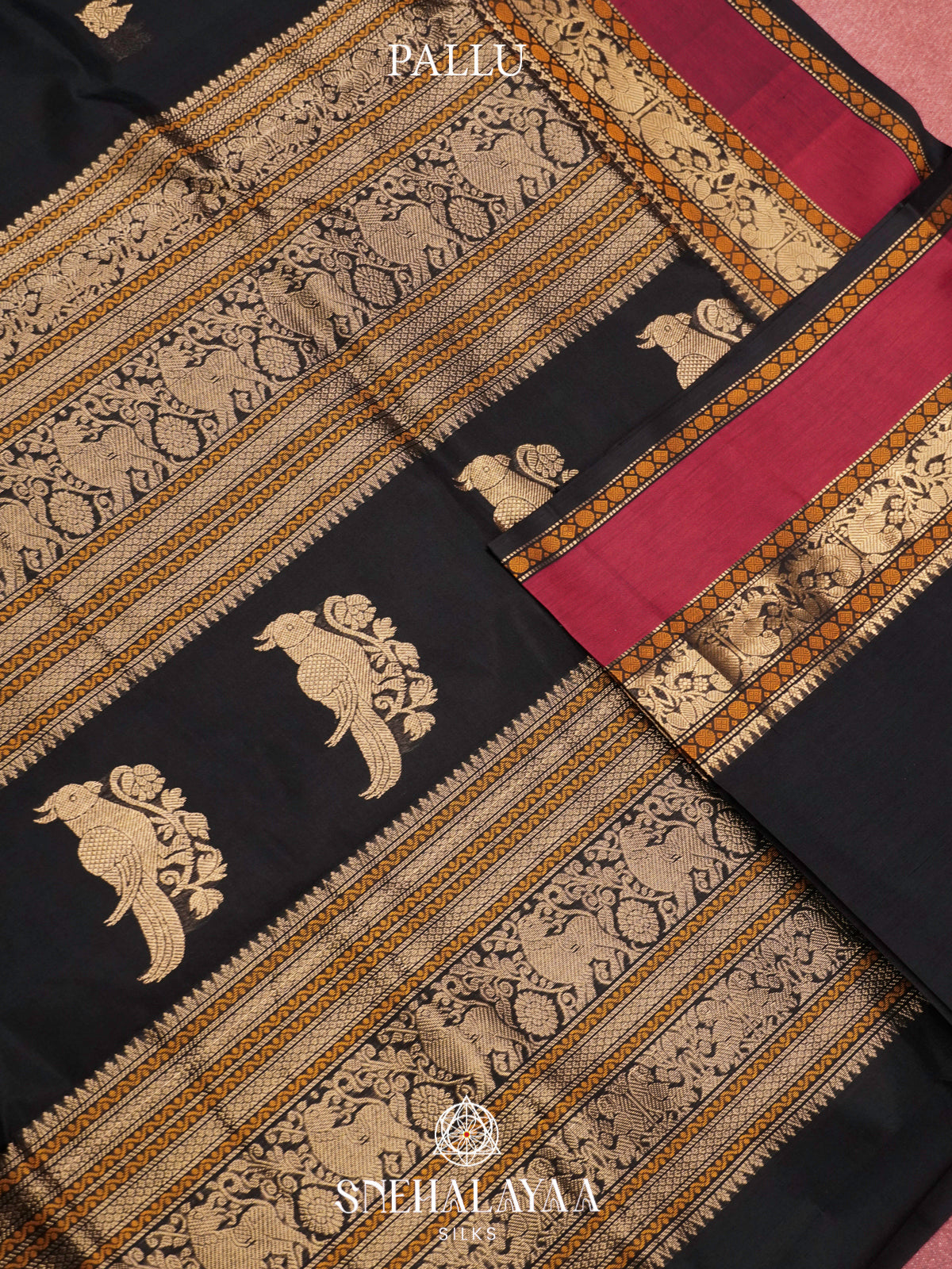 Jet Black Kanchi Silk Cotton Saree with Golden-Bronze Elephant-Peacock Border and Wine Red Contrast Band