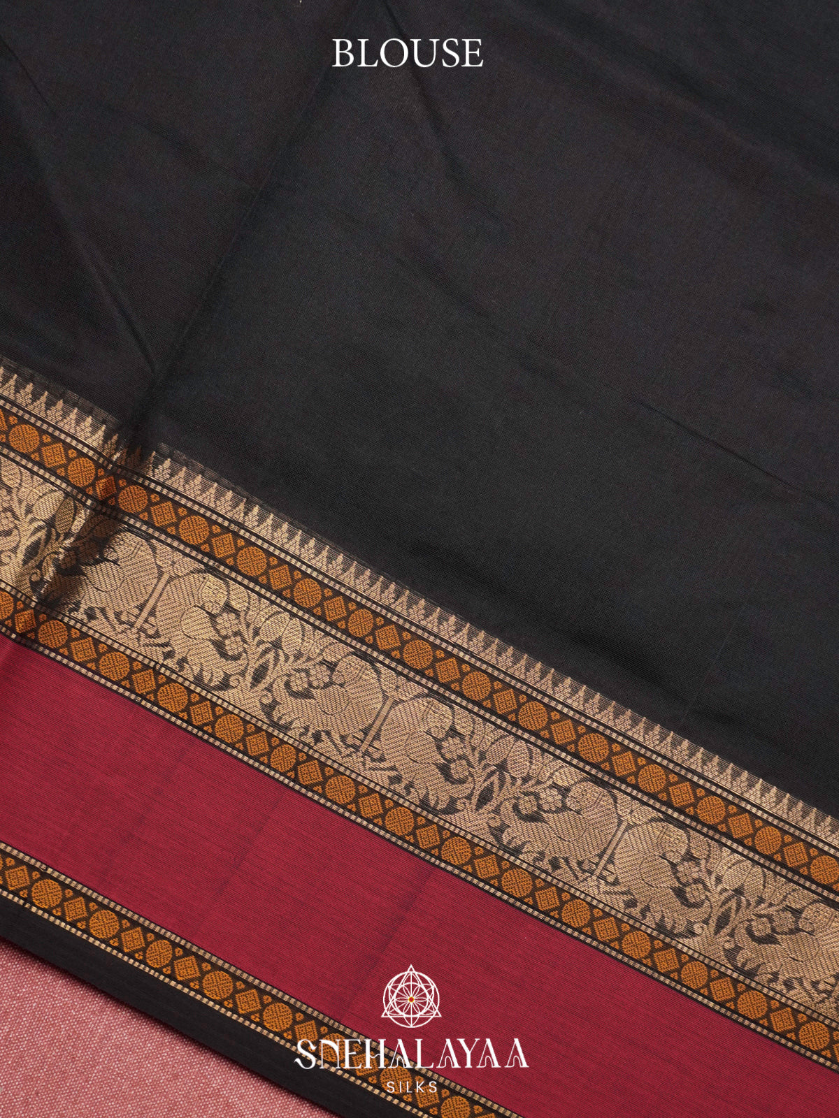 Jet Black Kanchi Silk Cotton Saree with Golden-Bronze Elephant-Peacock Border and Wine Red Contrast Band