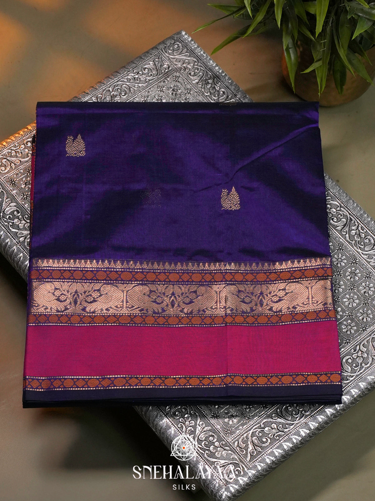 Navy Blue Kanchi Silk Cotton Saree with Golden-Bronze Elephant-Peacock Border and Wine Red Contrast Band