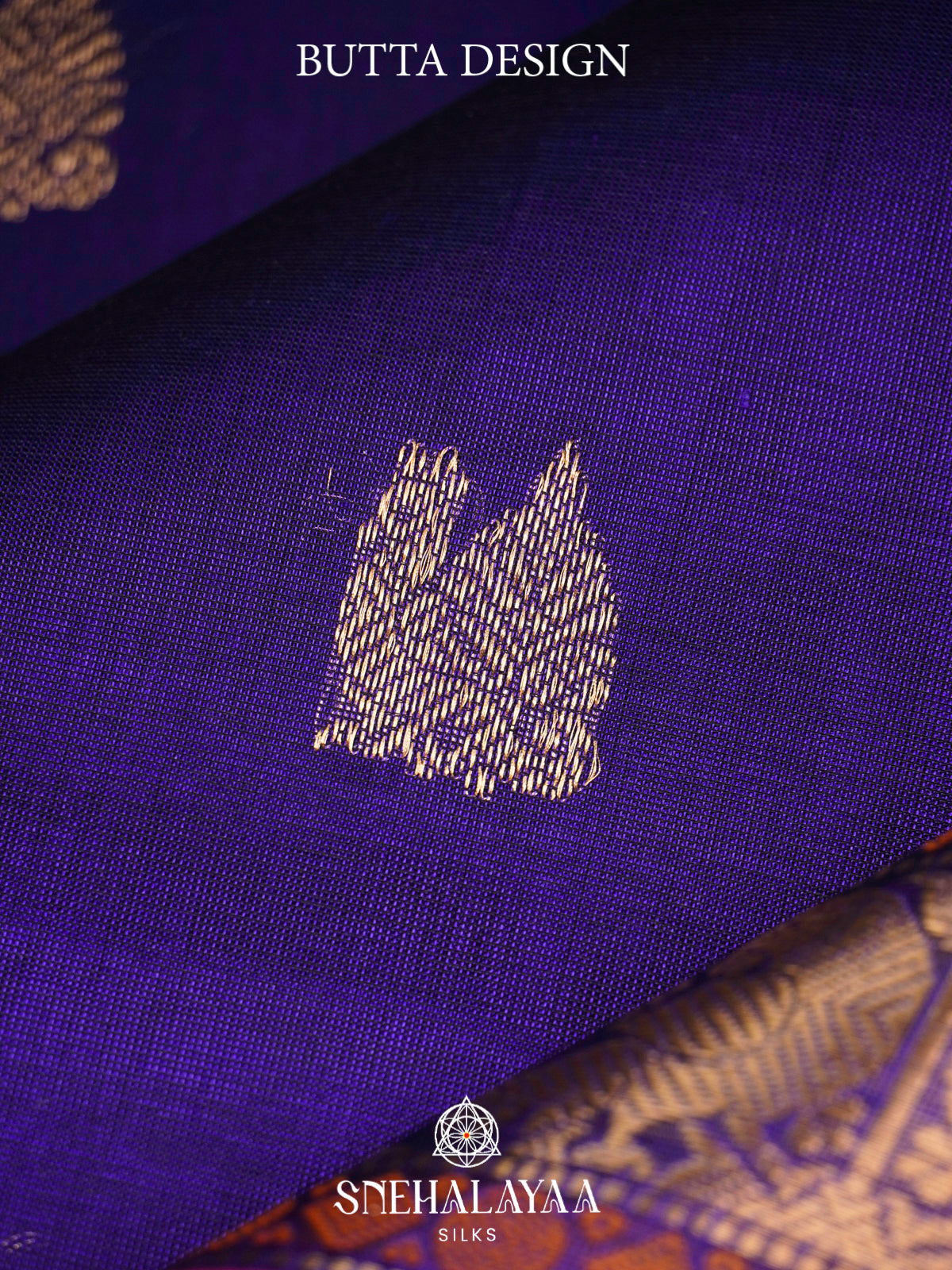 Navy Blue Kanchi Silk Cotton Saree with Golden-Bronze Elephant-Peacock Border and Wine Red Contrast Band