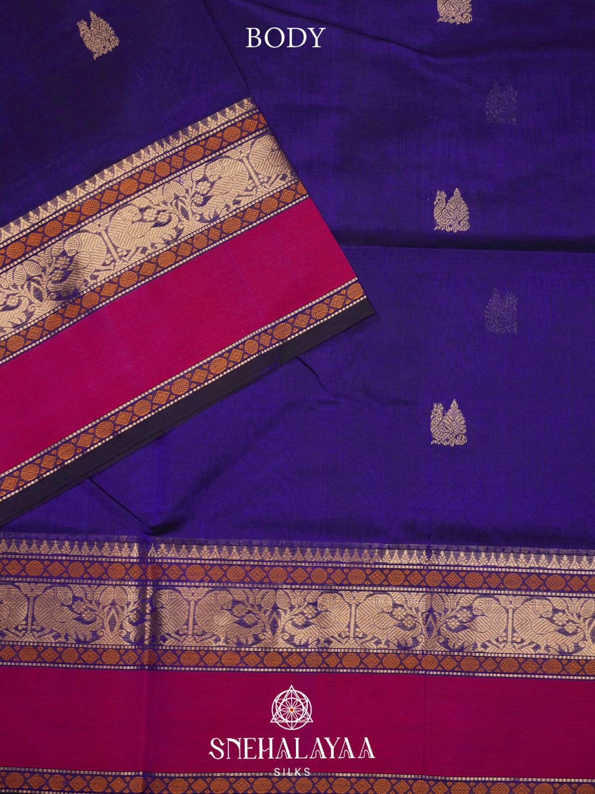Navy Blue Kanchi Silk Cotton Saree with Golden-Bronze Elephant-Peacock Border and Wine Red Contrast Band