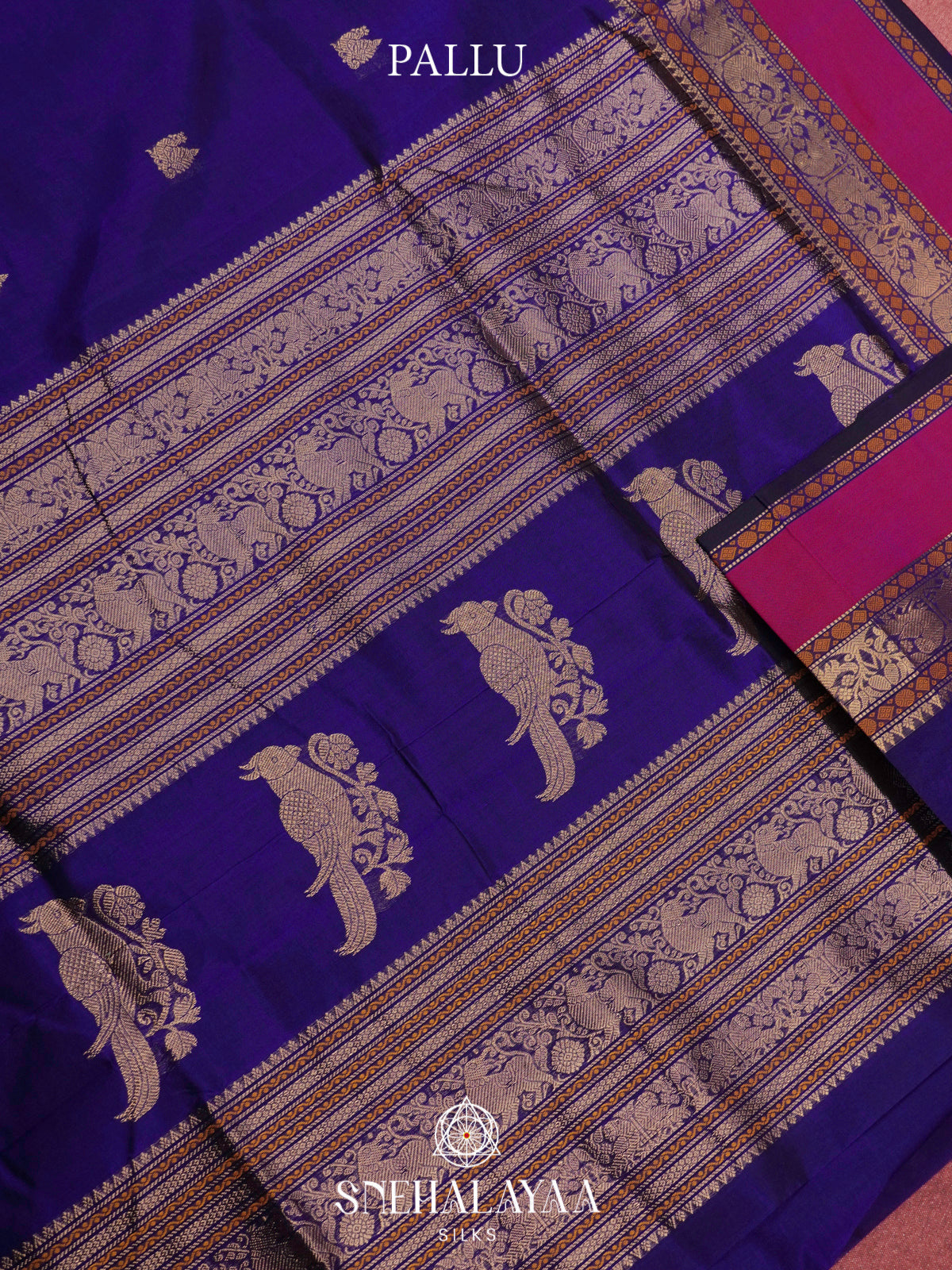 Navy Blue Kanchi Silk Cotton Saree with Golden-Bronze Elephant-Peacock Border and Wine Red Contrast Band