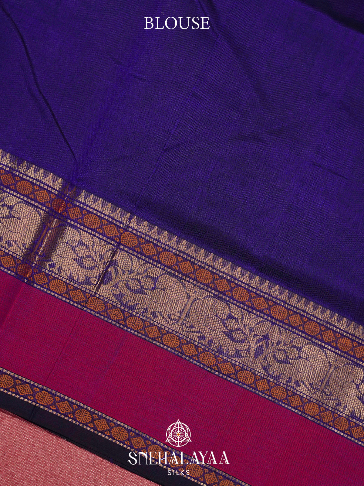Navy Blue Kanchi Silk Cotton Saree with Golden-Bronze Elephant-Peacock Border and Wine Red Contrast Band