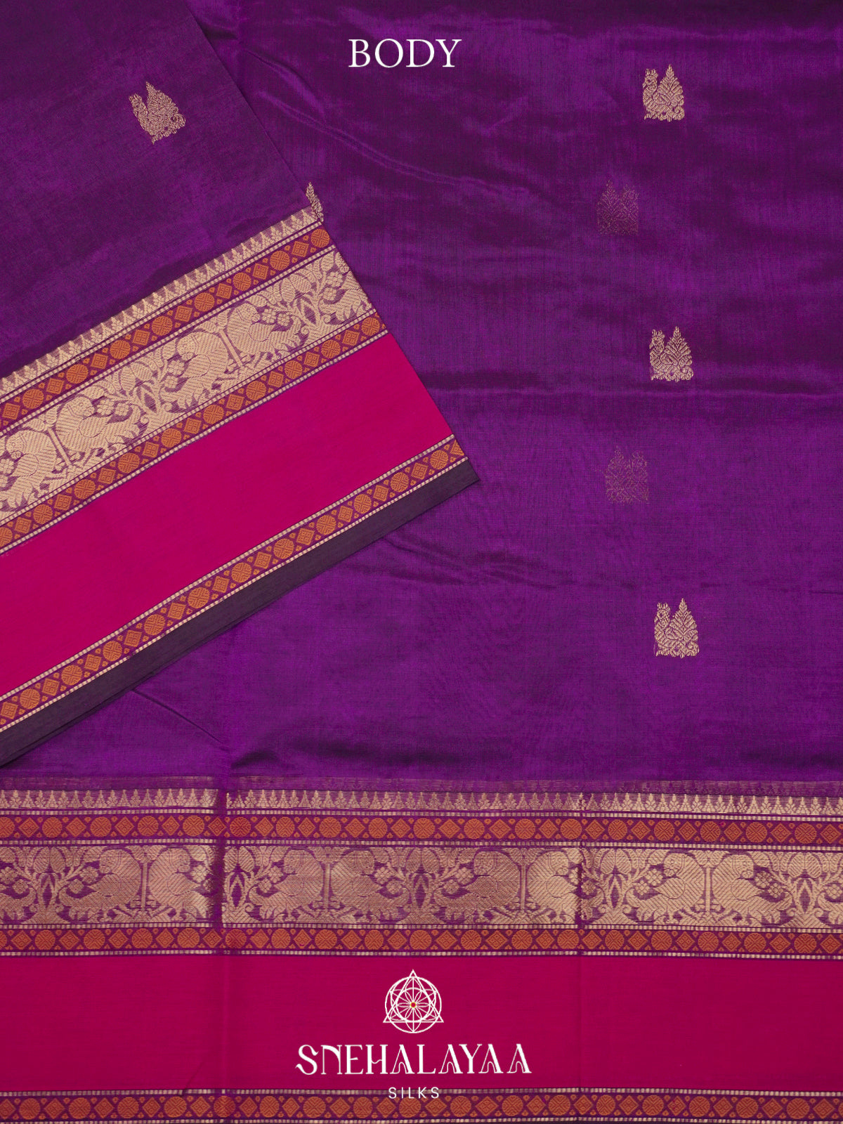 Magenta Purple Kanchi Silk Cotton Saree with Golden-Bronze Elephant-Peacock Border and Bright Pink Contrast Band