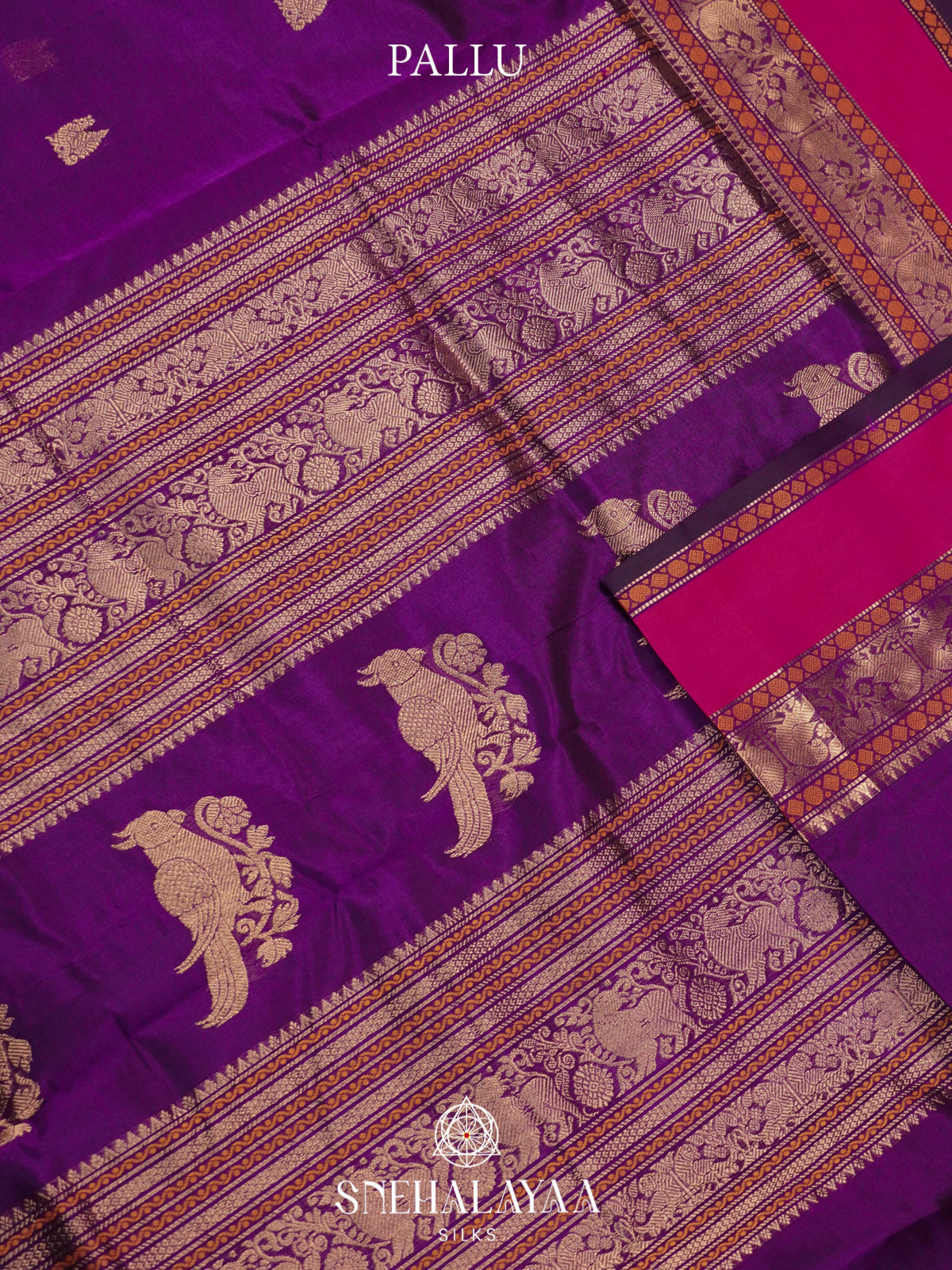 Magenta Purple Kanchi Silk Cotton Saree with Golden-Bronze Elephant-Peacock Border and Bright Pink Contrast Band